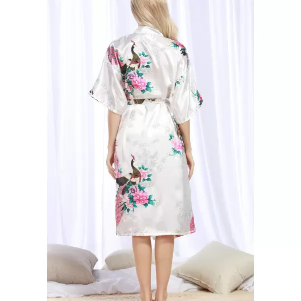 Flygo Womens Printed Satin Long Kimono Robe Bathrobe with Peacock &amp; Floral
