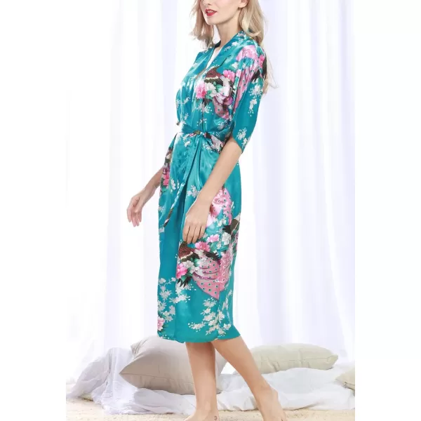 Flygo Womens Printed Satin Long Kimono Robe Bathrobe with Peacock &amp; Floral