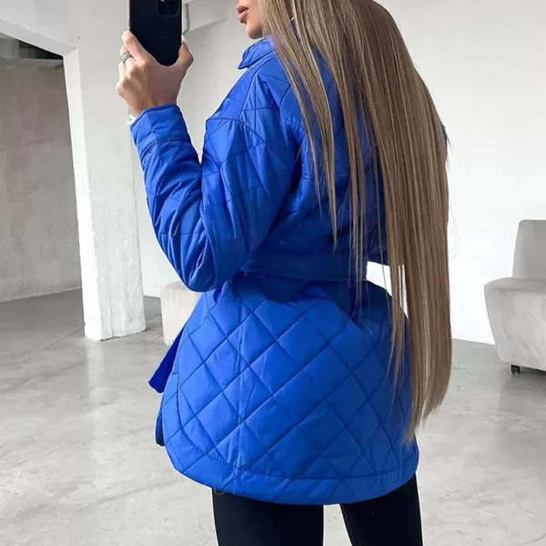 Flygo Women's Quilted Jacket Diamond Button Down Winter Padded Puffer Outerwear with Belt