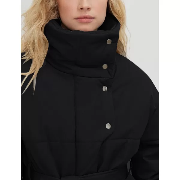 Flygo Women's Quilted Puffer Jacket Stand Collar Full Zip Mid-Length Parka Jackets Warm Winter Coats with Belt
