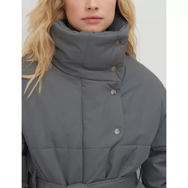 Flygo Women's Quilted Puffer Jacket Stand Collar Full Zip Mid-Length Parka Jackets Warm Winter Coats with Belt