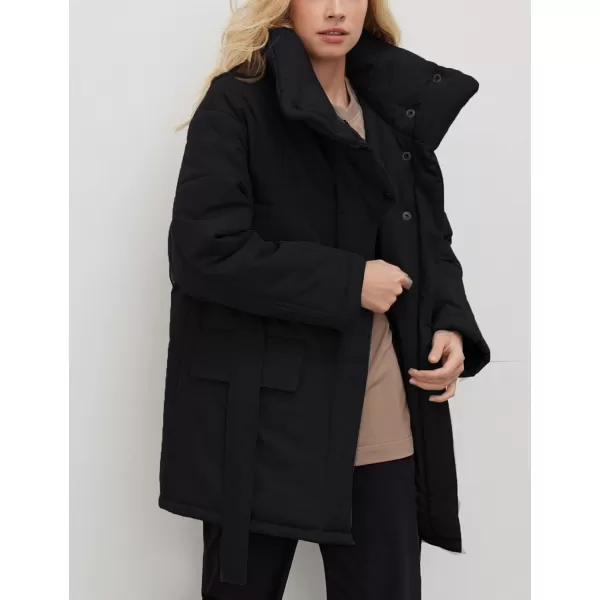 Flygo Women's Quilted Puffer Jacket Stand Collar Full Zip Mid-Length Parka Jackets Warm Winter Coats with Belt