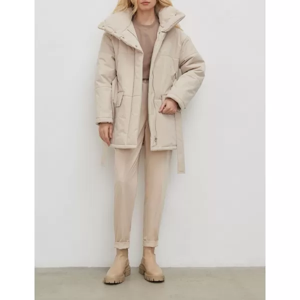 Flygo Women's Quilted Puffer Jacket Stand Collar Full Zip Mid-Length Parka Jackets Warm Winter Coats with Belt