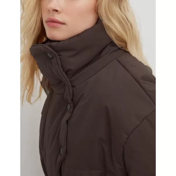 Flygo Women's Quilted Puffer Jacket Stand Collar Full Zip Mid-Length Parka Jackets Warm Winter Coats with Belt