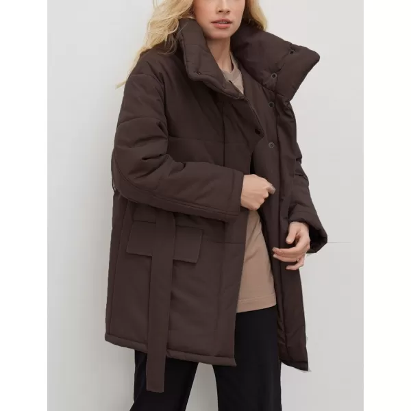 Flygo Women's Quilted Puffer Jacket Stand Collar Full Zip Mid-Length Parka Jackets Warm Winter Coats with Belt