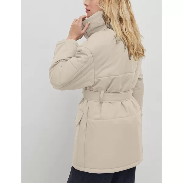 Flygo Women's Quilted Puffer Jacket Stand Collar Full Zip Mid-Length Parka Jackets Warm Winter Coats with Belt