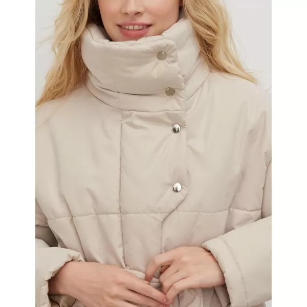 Flygo Women's Quilted Puffer Jacket Stand Collar Full Zip Mid-Length Parka Jackets Warm Winter Coats with Belt