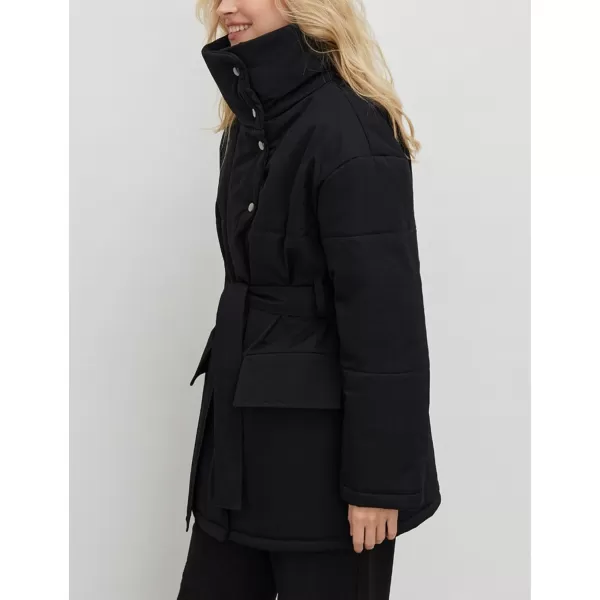 Flygo Women's Quilted Puffer Jacket Stand Collar Full Zip Mid-Length Parka Jackets Warm Winter Coats with Belt