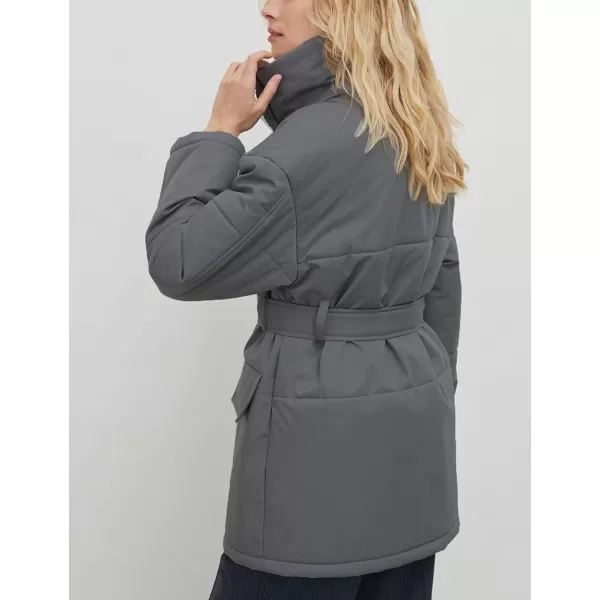 Flygo Women's Quilted Puffer Jacket Stand Collar Full Zip Mid-Length Parka Jackets Warm Winter Coats with Belt