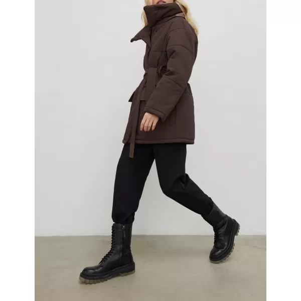 Flygo Women's Quilted Puffer Jacket Stand Collar Full Zip Mid-Length Parka Jackets Warm Winter Coats with Belt