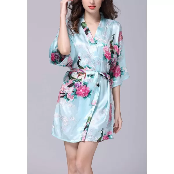 Flygo Womens Satin Kimono Robe Printed Bathrobes Peacock&amp;Blossoms