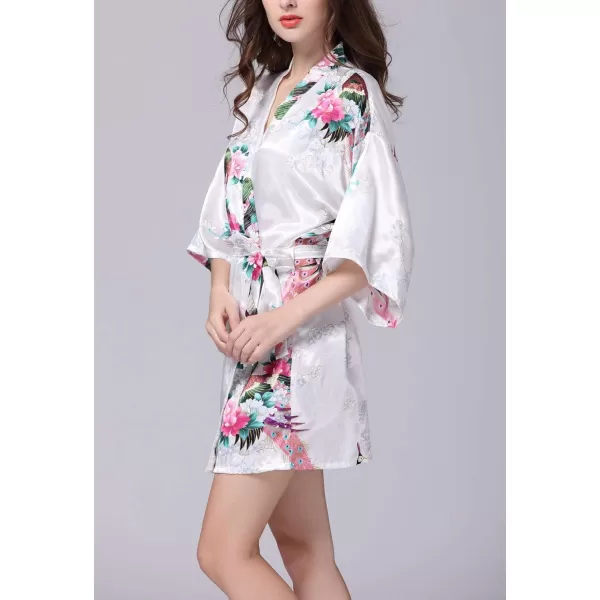 Flygo Womens Satin Kimono Robe Printed Bathrobes Peacock&amp;Blossoms