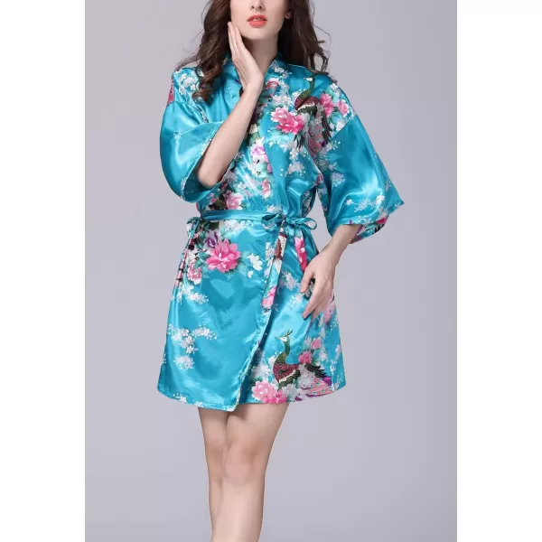 Flygo Womens Satin Kimono Robe Printed Bathrobes Peacock&amp;Blossoms