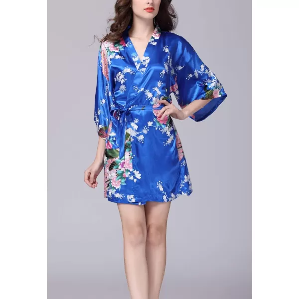 Flygo Womens Satin Kimono Robe Printed Bathrobes Peacock&amp;Blossoms