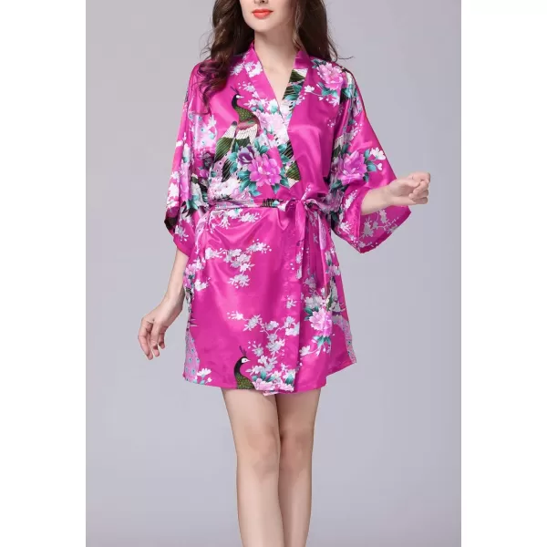 Flygo Womens Satin Kimono Robe Printed Bathrobes Peacock&amp;Blossoms