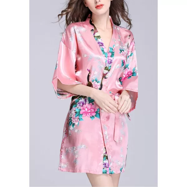 Flygo Womens Satin Kimono Robe Printed Bathrobes Peacock&amp;Blossoms
