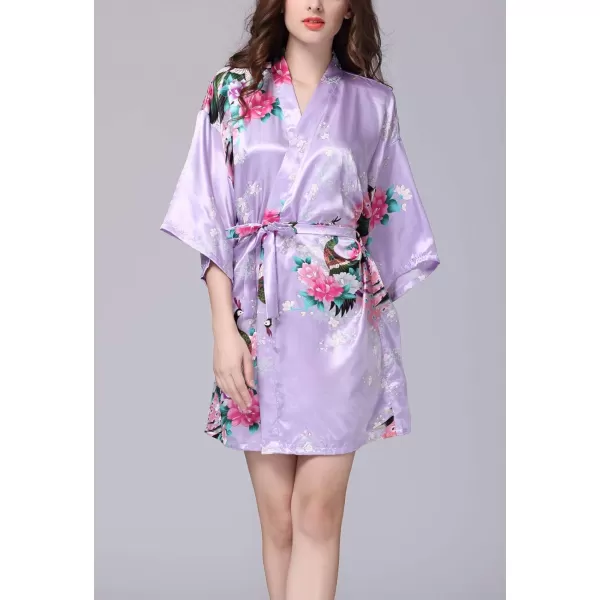 Flygo Womens Satin Kimono Robe Printed Bathrobes Peacock&amp;Blossoms