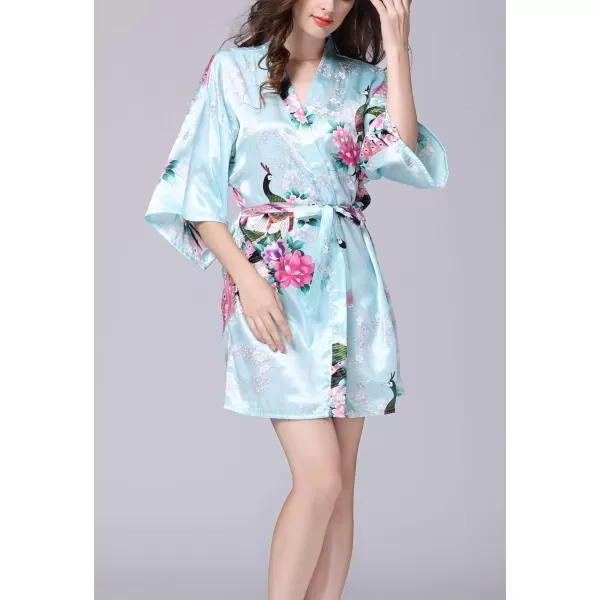 Flygo Womens Satin Kimono Robe Printed Bathrobes Peacock&amp;Blossoms