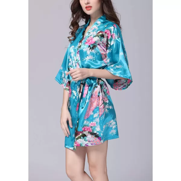 Flygo Womens Satin Kimono Robe Printed Bathrobes Peacock&amp;Blossoms