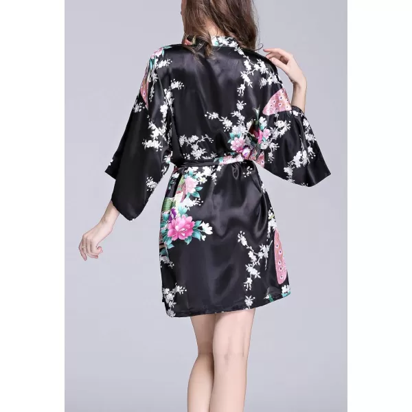 Flygo Womens Satin Kimono Robe Printed Bathrobes Peacock&amp;Blossoms