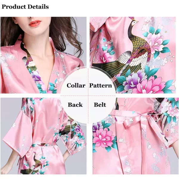 Flygo Womens Satin Kimono Robe Printed Bathrobes Peacock&amp;Blossoms