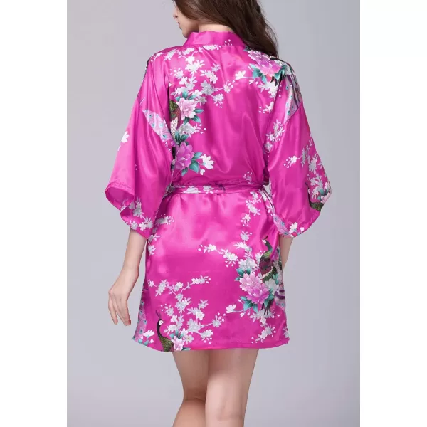 Flygo Womens Satin Kimono Robe Printed Bathrobes Peacock&amp;Blossoms
