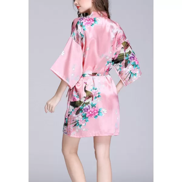 Flygo Womens Satin Kimono Robe Printed Bathrobes Peacock&amp;Blossoms