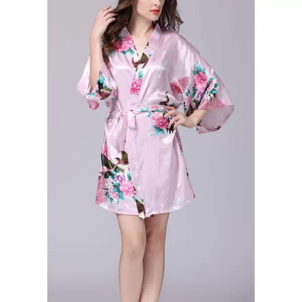 Flygo Womens Satin Kimono Robe Printed Bathrobes Peacock&amp;Blossoms