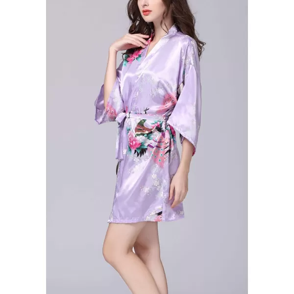 Flygo Womens Satin Kimono Robe Printed Bathrobes Peacock&amp;Blossoms