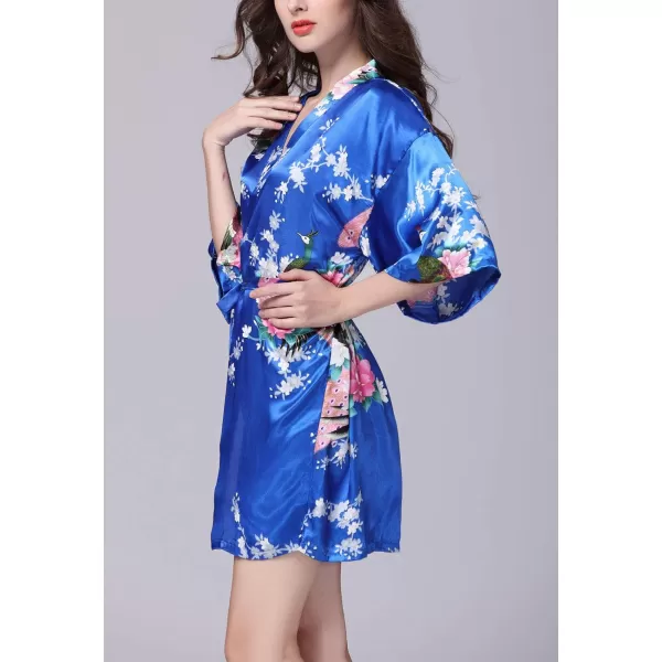 Flygo Womens Satin Kimono Robe Printed Bathrobes Peacock&amp;Blossoms