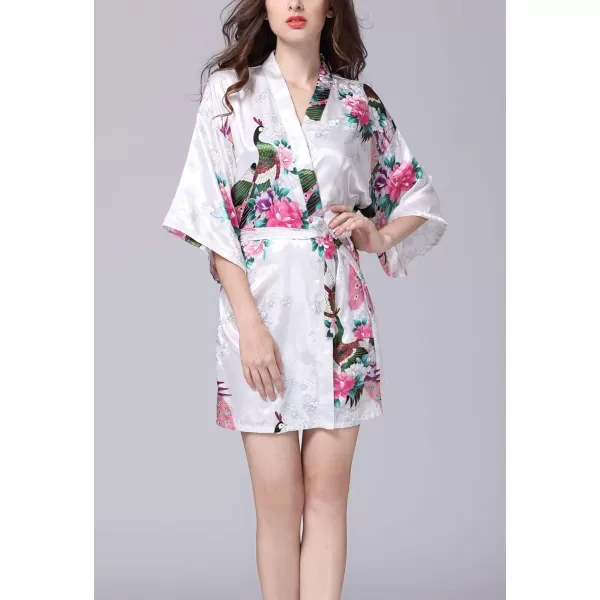 Flygo Womens Satin Kimono Robe Printed Bathrobes Peacock&amp;Blossoms