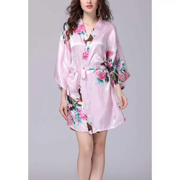 Flygo Womens Satin Kimono Robe Printed Bathrobes Peacock&amp;Blossoms