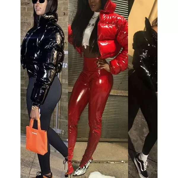 Flygo Women's Shiny Cropped Puffer Jacket Quilted Winter Zip Up Bubble Puffy Coat