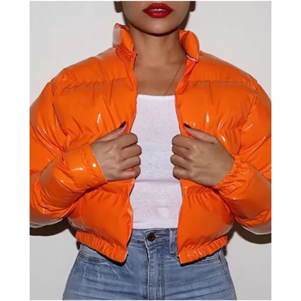 Flygo Women's Shiny Cropped Puffer Jacket Quilted Winter Zip Up Bubble Puffy Coat