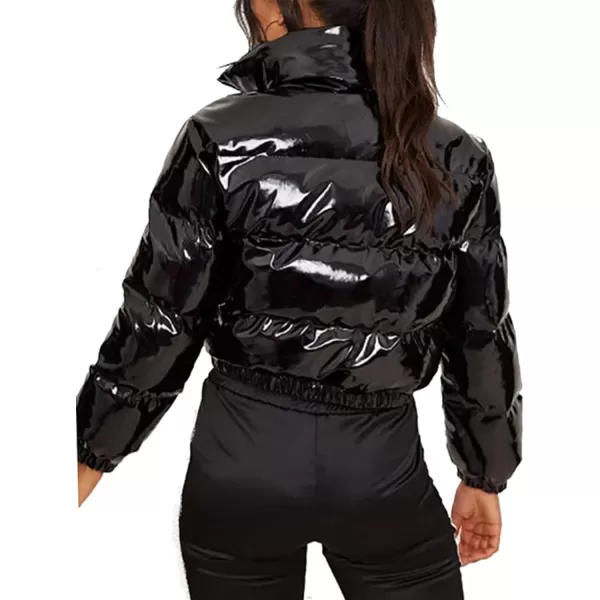 Flygo Women's Shiny Cropped Puffer Jacket Quilted Winter Zip Up Bubble Puffy Coat