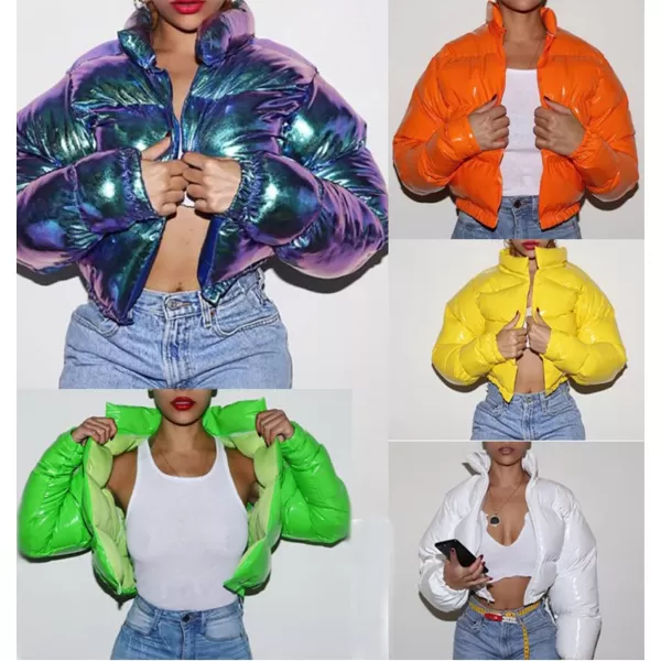 Flygo Women's Shiny Cropped Puffer Jacket Quilted Winter Zip Up Bubble Puffy Coat