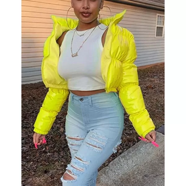 Flygo Women's Shiny Cropped Puffer Jacket Quilted Winter Zip Up Bubble Puffy Coat