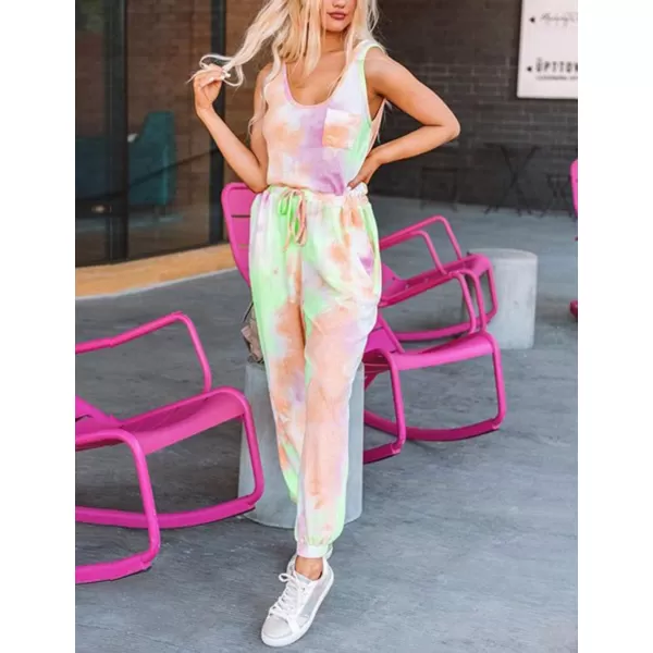 Flygo Women's Tie Dye 2 Pieces Outfits Sleeveless Tank Tops Long Sweatpants Sets