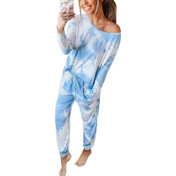 Flygo Womens Two Piece Pajamas Tie Dye Printed Long Sleeve Tops and Pants Joggers Sleepwear PJ Sets Nightwear Loungewear