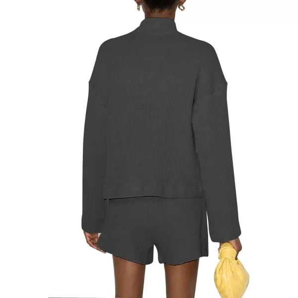 Flygo Womens Waffle Knit Pajama Set Long Sleeve Tops and Shorts Matching Lounge Set Loungewear Sweatsuit