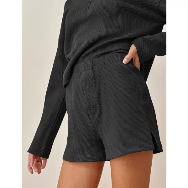 Flygo Womens Waffle Knit Pajama Set Long Sleeve Tops and Shorts Matching Lounge Set Loungewear Sweatsuit