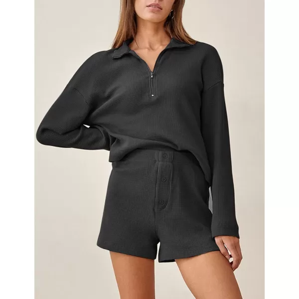 Flygo Womens Waffle Knit Pajama Set Long Sleeve Tops and Shorts Matching Lounge Set Loungewear Sweatsuit