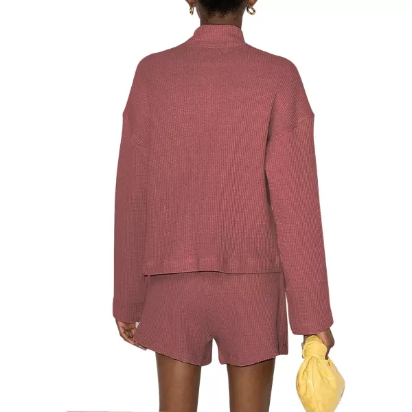 Flygo Womens Waffle Knit Pajama Set Long Sleeve Tops and Shorts Matching Lounge Set Loungewear Sweatsuit