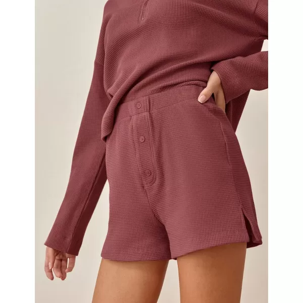 Flygo Womens Waffle Knit Pajama Set Long Sleeve Tops and Shorts Matching Lounge Set Loungewear Sweatsuit