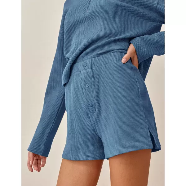 Flygo Womens Waffle Knit Pajama Set Long Sleeve Tops and Shorts Matching Lounge Set Loungewear Sweatsuit