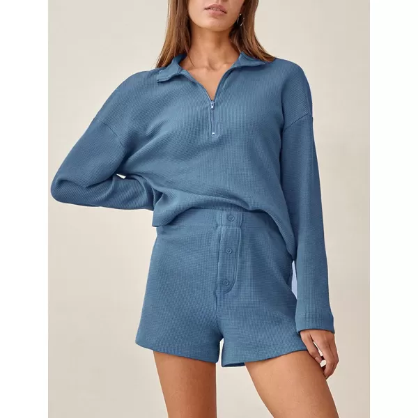 Flygo Womens Waffle Knit Pajama Set Long Sleeve Tops and Shorts Matching Lounge Set Loungewear Sweatsuit