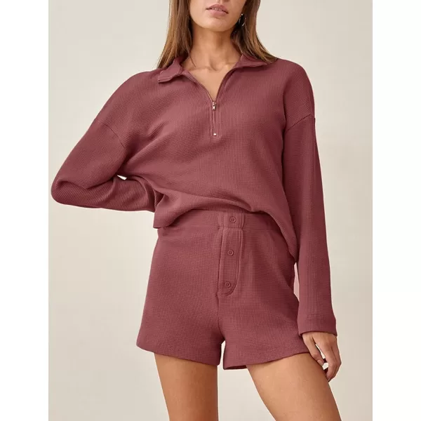 Flygo Womens Waffle Knit Pajama Set Long Sleeve Tops and Shorts Matching Lounge Set Loungewear Sweatsuit