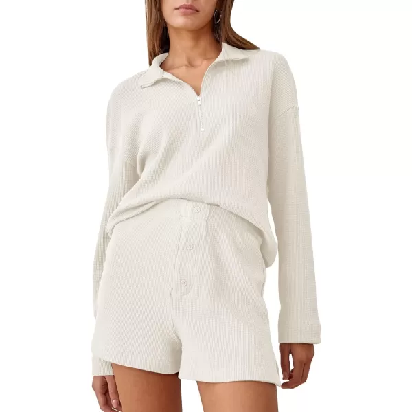 Flygo Womens Waffle Knit Pajama Set Long Sleeve Tops and Shorts Matching Lounge Set Loungewear Sweatsuit