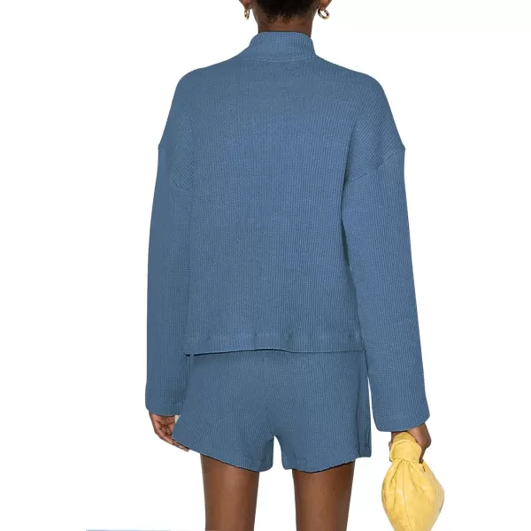 Flygo Womens Waffle Knit Pajama Set Long Sleeve Tops and Shorts Matching Lounge Set Loungewear Sweatsuit