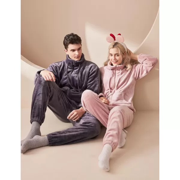 Flygo Womens Winter Fluffy Flannel Zip-up Pajamas Set Fleece Long Sleeve Plush Sleepwear Loungewear